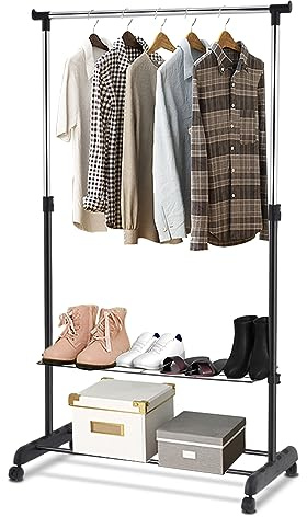 COSTWAY Kleiderständer höhenverstellbar, Garderobenständer auf Rollen, Kleiderstange mit 2 Ablagen, Rollgarderobe stabil, Kleiderwagen Garderobenwagen, 84 x 42 x 92-168 cm, schwarz