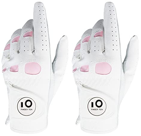 FINGER TEN Golf Gloves Ladies Left Hand Right Cabretta Leather with Ball Marker Value 2 Pack, Women Golf Glove Rain Grip All Weather Wear Resistant (M, 2 Pack (Worn on Left Hand)