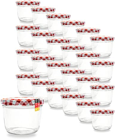 Flaschenbauer 24er Set Premium Sturzgläser 230 ml – Vielseitige Marmeladengläser & Einmachgläser mit farbigem Twist-Off-Deckel, inklusive Etiketten. Ideal für Suppen, Dips, Tee, Kräuter (Rot-Kariert)