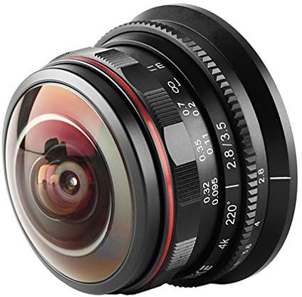 Venidice Lente Ojo de pez MK-3.5 mm F2.8 Ultra Gran Angular para cámara Olympus Panasonic, Lumix MFT Micro, Cuatro tercios, Montaje 4/3, Negro, paño de Limpieza Venidice