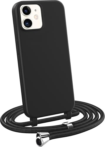 MyGadget Handykette für iPhone 12 Mini - [ Hülle mit verstellbaren Band ] - TPU Handyhülle mit Handyband zum Umhängen - Kordel Schnur Case Schutzhülle - Schwarz