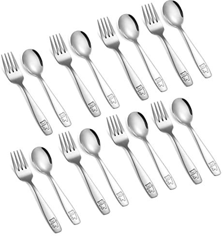 16 Pieces Toddler Utensils Kids Silverware Set, Stainless Steel Childrens Forks and Spoons, Metal Kids Safe Flatware Set, Dishwasher Safe