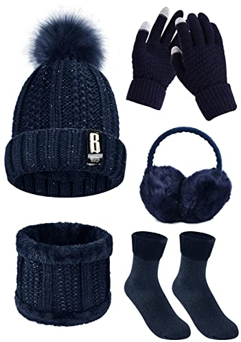 Tuopuda stickad mössa och halsduk set 5 st vinterset, vinter plysch öronvärmare varm stickad halsduk mössa hatt och pekskärm handskar set kvinnor termiska strumpor för skidåkning hatt utomhussport, Marinblått Xsp, en storlek