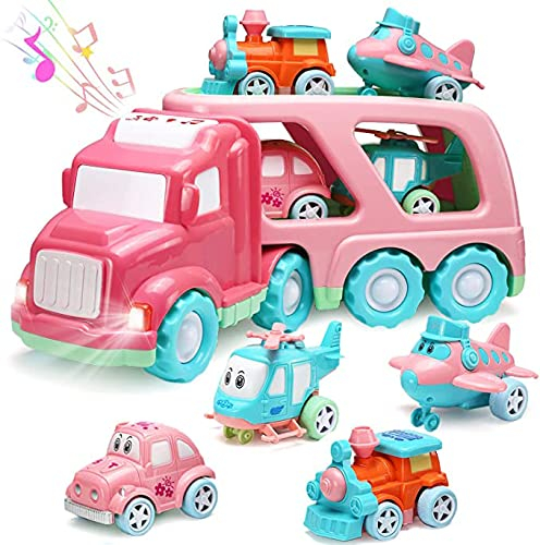 Camion de transport rose 5 en 1 avec lumières et sons Camion à friction avec remorque à double niveau et véhicules Jouet pour jeunes enfants, filles