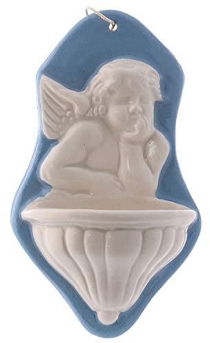 Holyart Acquasantiera Busto angioletto Sfondo Blu Ceramica Deruta 15x10x5 cm