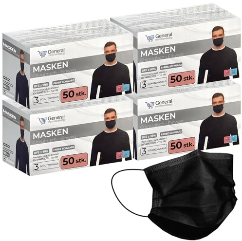 general merchandising Chirurgische Maske schwarz - Einwegmaske schwarz Typ IIR - schwarze OP-Maske 3-lagig medizinische Maske mit BFE ≥98%