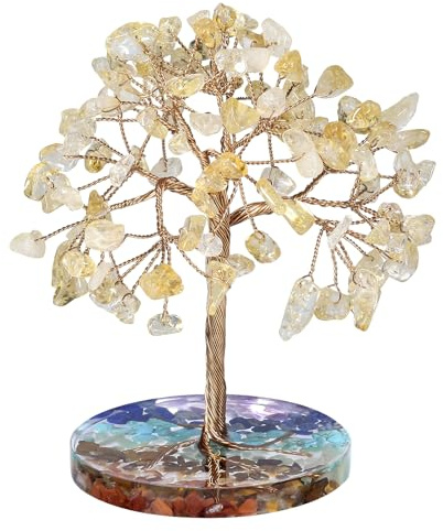 Nupuyai Chakra Edelstein Baum Kristall Lebensbaum Figur Feng Shui Wohn Deko | Citrin Stein Baum mit 7 Chakra Harzbasis, Feng Shui Geldbaum, Heilstein Baum Figur Deko für Zuhause Büro