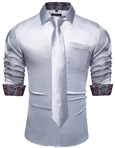 DiBanGu Satin-Hemd und Krawatten-Sets für Herren, Hemden, langärmelig, Innenkontrast, lässige Button-Down-Shirts, S-3XL, Silber, Medium