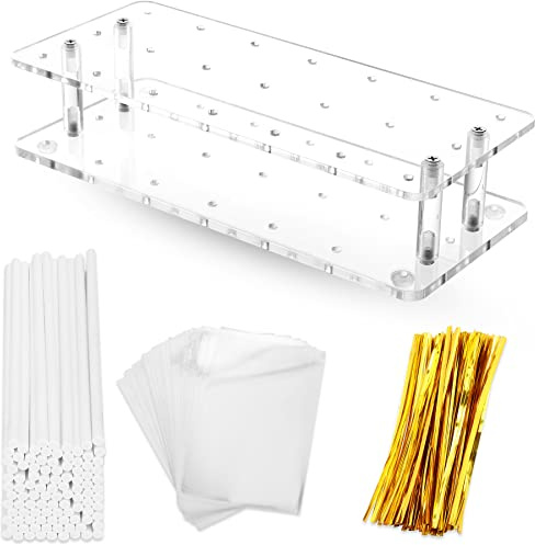 Goabroa Cake Pop Stand, 21 Holes Clear Acrylic Cake Pop Kit with 300 PCS Cake Pop Sticks and Wrappers, Cake Pop Maker for Weddings Birthday Parties Baby Shower Halloween
