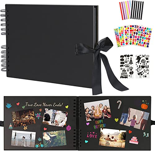 Boic Album Fotografico 80 Pagine Nere, Spirale Scrapbooking Album Foto Ricordi Fai da Te Fotografie, Regali Natale San Valentino Idee Regalo di Anniversario Compleanno (Nero)