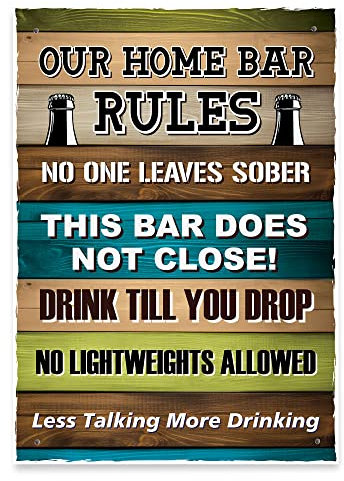 Red Ocean Our Home Bar Rules Funny Wall Sign - Accessories for Home Bar Pub Shed Man Cave Gift - Outdoor Garden Bar Sign - Home Pub Decor Accessories - Funny Alcohol Signs Gin Beer Wine