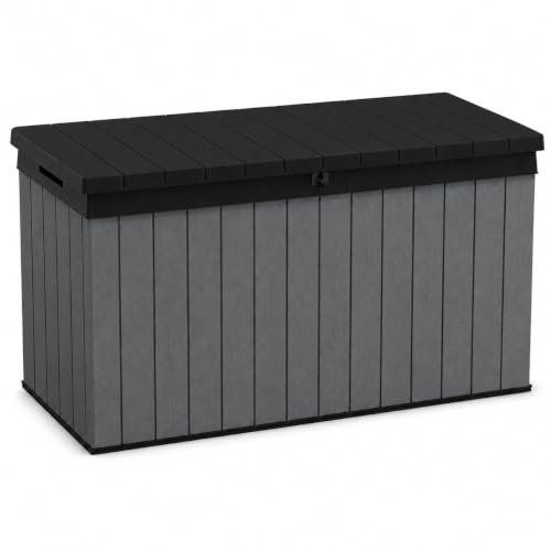 Koll Living Auflagenbox/Kissenbox Darwin l 100% Wasserdicht l mit Belüftung dadurch kein übler Geruch/Schimmel l Moderne Holzoptik l Deckel belastbar bis 300 KG (2 Personen) (Graphit, 570 Liter)