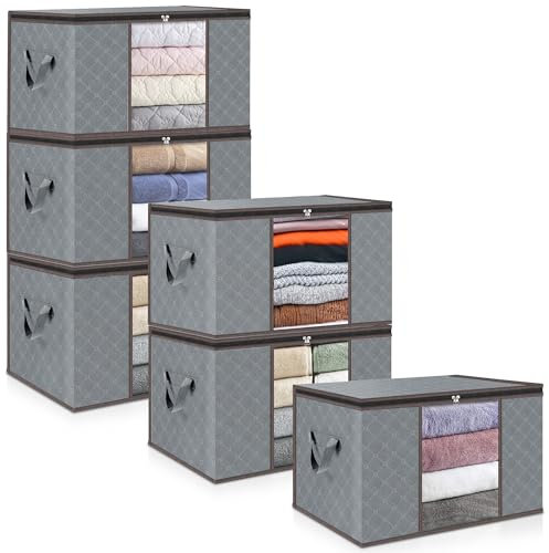 unycos - 6 Pezzi | Scatole per Vestiti 90L, Tessuto con Finestra Trasparente 60x43x35cm, Scatole/Borsa Pieghevoli, Organizzatore Sotto il Letto per Piumini, Asciugamani, Cuscini (Grigio/Marrone)