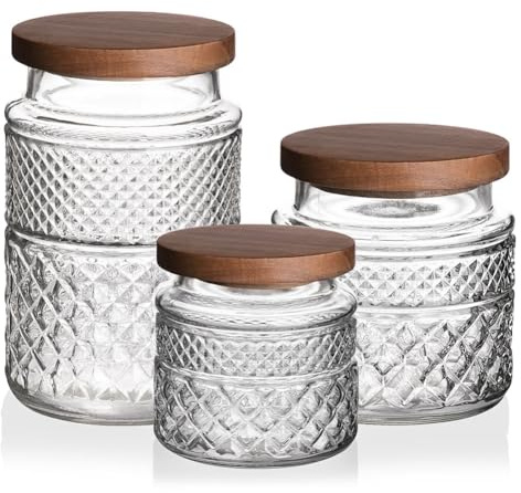 Sweejar Home Glass Jar with Wooden Lid, Set of 3 Vintage Embossed Airtight Food Storage Container, Sealed Canister Set for Coffee Beans, Cereal, Flour, Spices and More