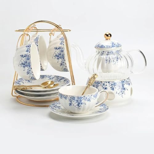 TAMTAK Service à thé de l'après-midi de Style Anglais, théière à Fleurs, Tasse à thé en Verre, Tasse à café et Soucoupe en Porcelaine Bleue et Blanche