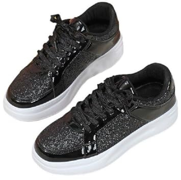 Dammode stjärna sneaker glitter glittrande mode glänsande vardaglig bling paljett konsertskor kanvas låg topp snörning bekväm vadderad promenader för gata bröllop fest nattklubb, S4-svart, 40 EU