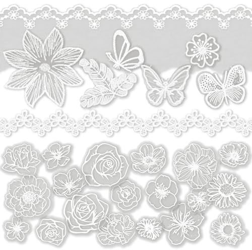 Dekoratives Papier im Vintage-Stil, weiße Blumen, Scrapbooking-Papierpaket, ästhetisches Papier mit Spitzenband, bestickte Applikation von Schmetterlingsblütenblättern für Junk Journal (Purity)