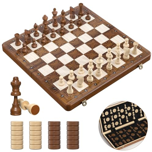 Schachspiel Magnetisch 2IN1-40.5x40.5cm Klappbares Schachbrett Holz Hochwertig mit 32 Schachfiguren & 2 Zusätzliche Damen, Schach für Erwachsene und Kinder, Paom