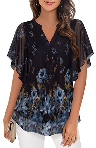 Vafoly Chemisier Femmes Élégant Manches Courtes Été Tunique Col en V Maille Haut Fleurs Tunique Double Couche, noir/bleu, XXL