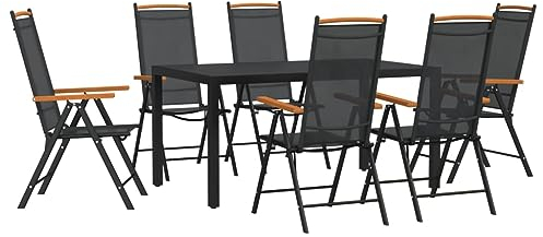 vidaXL Garten Essgruppe 7-TLG., Gartenmöbel Set Tisch 6 Stühle Verstellbar Klappbar, Sitzgruppe für Garten Terrasse, Gartengarnitur, Schwarz Aluminium