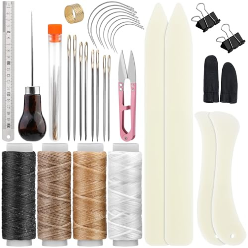 Axmru Lot de 33 kits de reliure de livres, 4 outils de classeur en os, fournitures de reliure avec fils cirés, alêne, kit de reliure de livres pour débutants