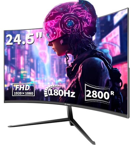 CRUA 24.5 Zoll Curved Gaming Monitor,180Hz Gaming Bildschirm,1080P Computer Monitor,1ms，FreeSync,Rahmenlos,VESA,DisplayPort,HDMI, Augenpflege,PC-Display zum Spielen, Arbeiten, Zeichnen, Bearbeiten