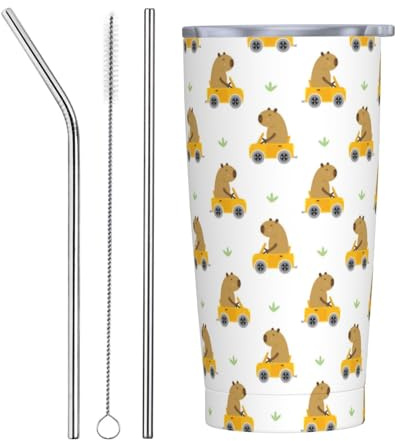 VOSERY Botella de agua de 590 ml con tapa y popote, vaso aislado de acero inoxidable para coche, taza de café de viaje, vaso personalizado