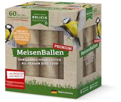 1 x 60 Stück Delicia Meisenballen mit Insekten und Aufhänger, Meisenknödel ohne Netz, Insektenknödel, Vogelfutter, Meisenfutter