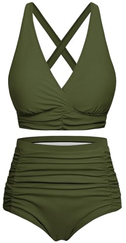 Voqeen Damen Bikini mit hoher Taille Push Up Badeanzug V Ausschnitt überkreuztes Geraffte Badebekleidung mit Bauchansatz Zweiteiliger Bademode
