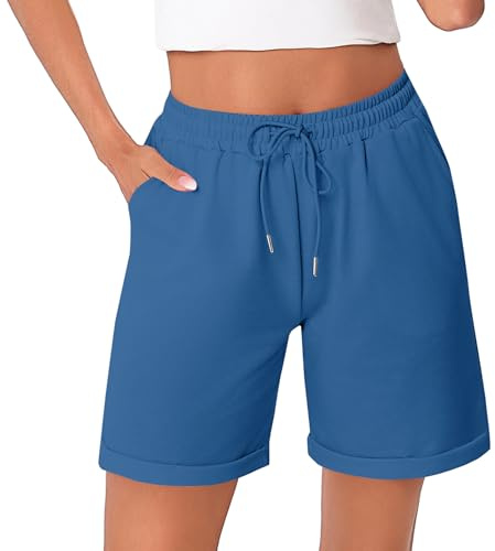 Litherday Pantaloncini Donna Estivi Cotone Elasticizzato Shorts Casual Vita Alta con Tasche Orlo Risvoltato per Jogging Yoga Fitness Blu Reale M