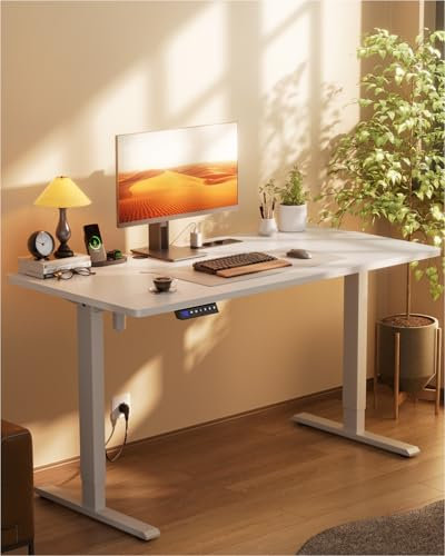 HLONONE Höhenverstellbarer Schreibtisch mit USB-Ladeanschluss und Steckdose, 120 × 60 cm Elektrischer Schreibtisch, Verstellbarer Computertisch mit 3-Funktions-Memory, Weiß