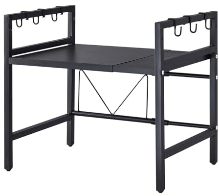 Homullel Expandable Microwave Oven Shelf Unit, Kitchen Countertop Microwave Stand with Shelves, Adjustable Kitchen Counter Rack Small Storage Shelving Unit, Desktop Printer Stand (Black, 1-Tier)
