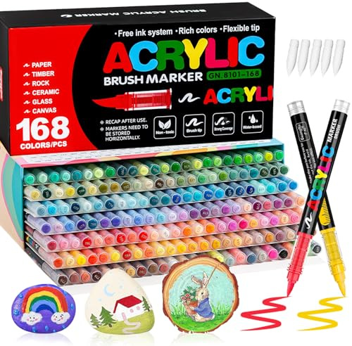 VAKKI 168 Couleurs Feutre Acrylique, Stylos Acryliques Liquide Direct Acrylic Paint Marker Coloriage pour Adultes, Marqueur Acide Acrylique Pour Coloriage, Pierre, Calligraphie, Bois, Toile, Verre