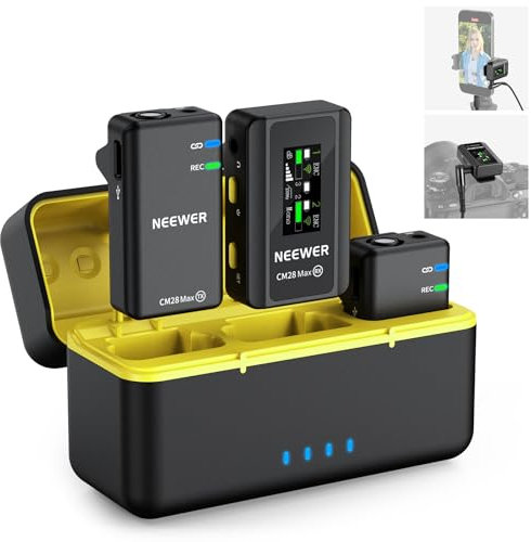 Neewer CM28 Max Système Micros Lavalier sans Fil Boîtier Chargement 48KHz 24Bit Stockage 8GB 25H Portée 300m Enregistrement Vidéo Micro à Annulation Bruits pour iPhone iPad Android Appareil Photo PC