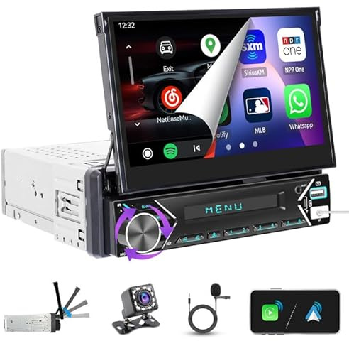 Hikity 1 DIN Radio Coche con 7 Pulgadas Retráctil Automatic Touchscreen Wireless Carplay Andriod Auto FM Radio con 2USB Type-C AUX IN Mic EQ SWC Bluetooth Autoradio Cámara Trasera Mirror Link