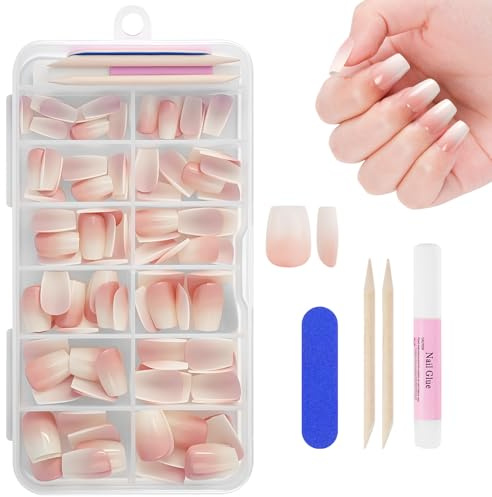 BUTBU Uñas Postizas Francesas Cortas, 120 Piezas Uñas Tipo T Corto, 12 Tamaños Nail Kit de Tips Uñas Gel con Pegamento, con Empujador de Cutícula Lima Uñas, para Salones Uñas, Manicuras DIY