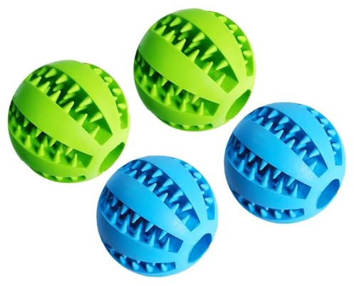 WREWING Silikon-Kauspielzeug für Hunde, Zahnpflege-Ball mit Leckerli-Loch, Zahnlinderung und Apportierspielzeug – Blau & Grün (4 Stück)
