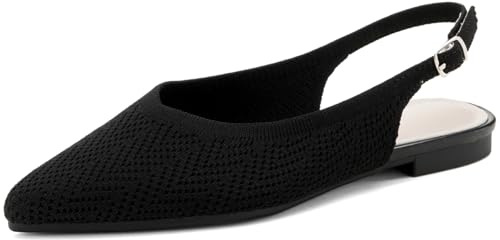 AHZEHRSE Slingback Ballet Flats for Women Pointed Toe Adjustable Buckle Strap Flats Comfortable Dressy Flats for Work & Party Knit Slip On Shoes Black