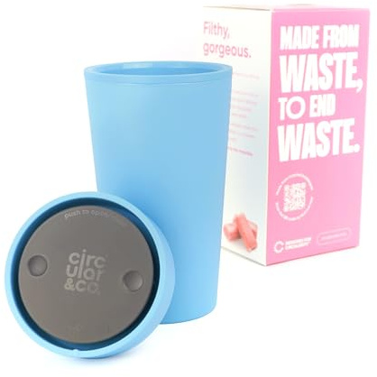 Circular&Co 12oz / 340ml Reusable Coffee Cup – Made from Recycled Bubblegum – Leakproof, Lockable Travel Mug, BPA Free – Sky Blue – Made in the UK