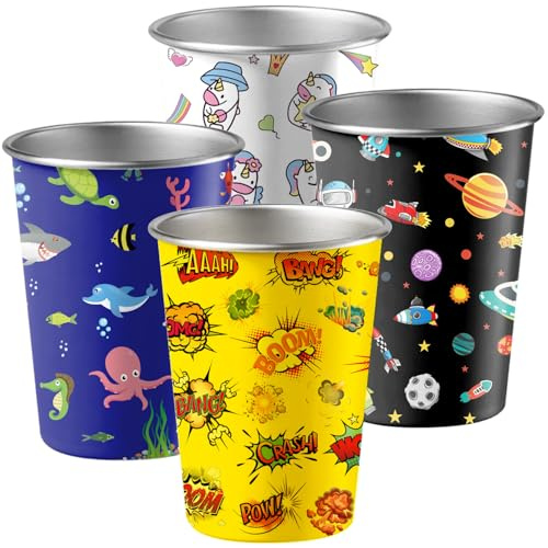 4er Edelstahl Becher für Kinder, 350ml Trinkbecher Tassen Trinkgläser Geschenk für Mädchen Junge 6 7 5 4 8 9 3 jahre (Gelb Boom, Blau Ozean, Schwarz Weltraum, Weiß Einhorn)
