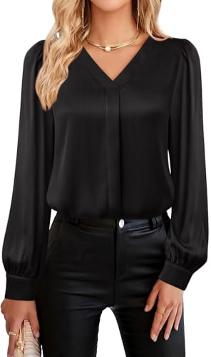 YUTILA Blusa para mujer con cuello en V – Elegante de manga larga, color liso con brillo – Ropa suelta para trabajo, ocio, eventos formales y negocios, Negro , M