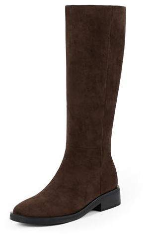 Modatope Knee High Boots Women Round Toe Chunky Low Flat Heel Side Zipper Fall Dark Brown Suede Tall Boots for Women Size 6.5
