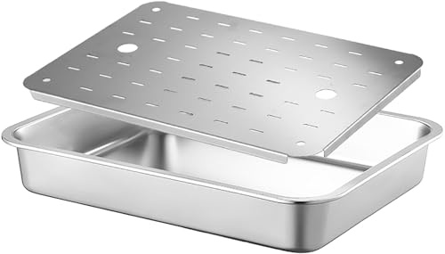 Teglia Forno Rettangolare per Pizza, Vassoio da Portata in Metallo con Scolapiatti, Leccarda per Olio in Acciaio Inox 304 per Scolare Acqua e Olio, Cuocere al Forno(45x35x5 cm/18x14x2 in)
