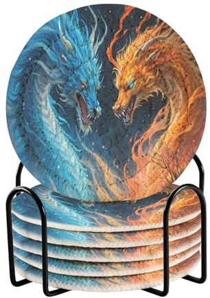 Ttgoth Ice Fire Dragon Coasters for Drinks with Holder 6 PCS Absorbent Cotton Woven Drink Coasters Heat Resistant Cup Mat for Coffee Table Tabletop Protection 10x10 cm