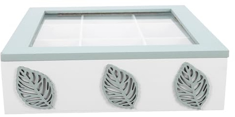 TOYZFRIENDY Boîte de Rangement en Bois à 9 Compartiments avec Couvercle en Verre à Charnière Motif Feuilles Organiseur Compartimenté Multifonction pour Sachets de Thé Bijoux et Petits