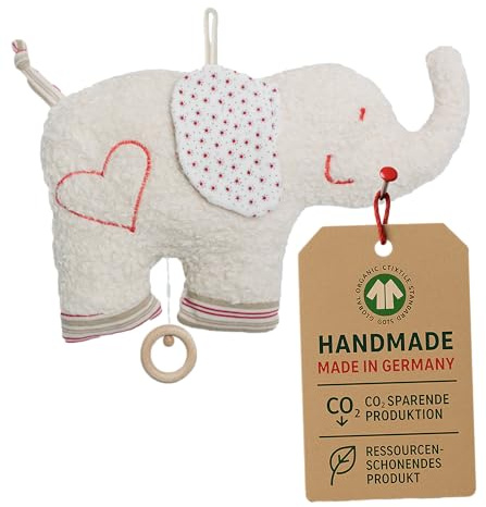 Efie Bio-Spieluhr Elefant – handgefertigt in Deutschland – 100 % Baumwolle (KBA), Füllung Schurwolle (kbT), GOTS-Zertifiziert - Melodie: LaLeLu