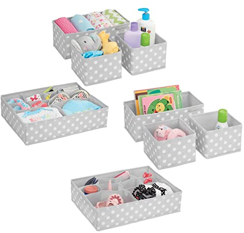 mDesign Fabric Drawer Organizer Bins, Kids/Baby Nursery Dresser, Closet, Shelf, Playroom Organization, Hold Clothes, Toys, Diapers, Bibs, Blankets, Set of 4, 2 Pack, Gray/White Polka Dot