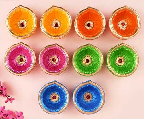 Craftsman Diya Diwali Dia mit Baumwolldochten für Puja Pooja, traditionell, handgefertigt, Terrakotta, Vilakku, Öllampe, Diyas, natürliche Mitti Deepawali, indische Geschenkartikel, 10-teiliges Set