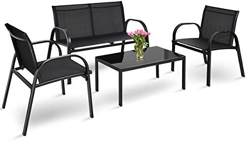 COSTWAY 4 TLG. Gartenmöbel Set, Terrassenmöbel mit Bank, 2 Stühlen & Couchtisch, Lounge Balkonmöbel Set Outdoor, Gartengarnitur für Terrassen, Balkon, Garten (Schwarz)
