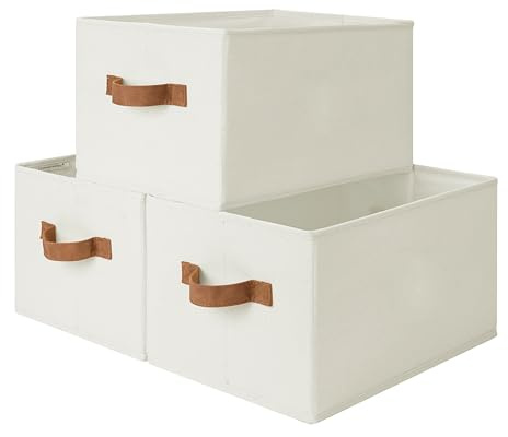 StorageWorks Closet Storage Bins with PU Handles, Ivory White, Large